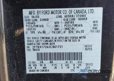 2003 Ford F-150 Xl/Xlt from USA, damaged, VIN 2FTRX17263CB01721